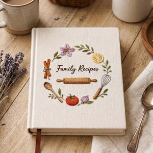Hand embroidered family recipe book featuring rolling pin, whisk, cinnamon sticks, herbs, flowers and rustic kitchen accents on linen cover.
