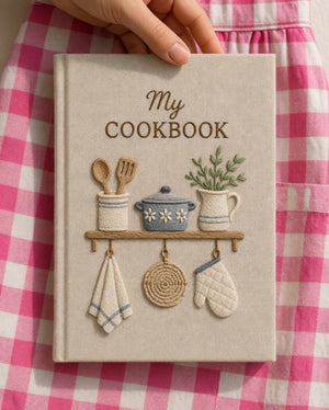 Hand embroidered recipe book featuring a farmhouse kitchen shelf with cooking utensils, floral pot, herb pitcher, oven mitt and rustic kitchen accessories.