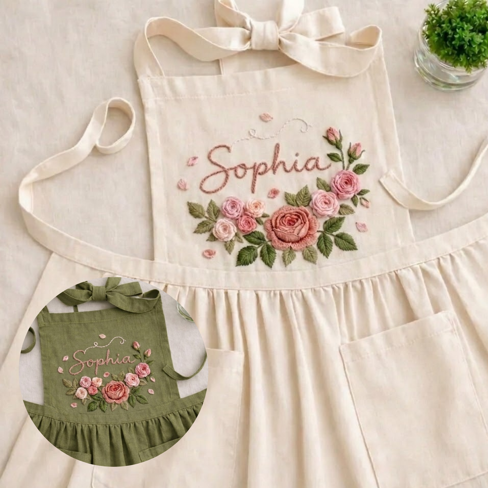 Personalized hand embroidered linen apron featuring pink rose floral embroidery and custom name personalization on a sage green apron.