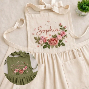 Personalized hand embroidered linen apron featuring pink rose floral embroidery and custom name personalization on a sage green apron.