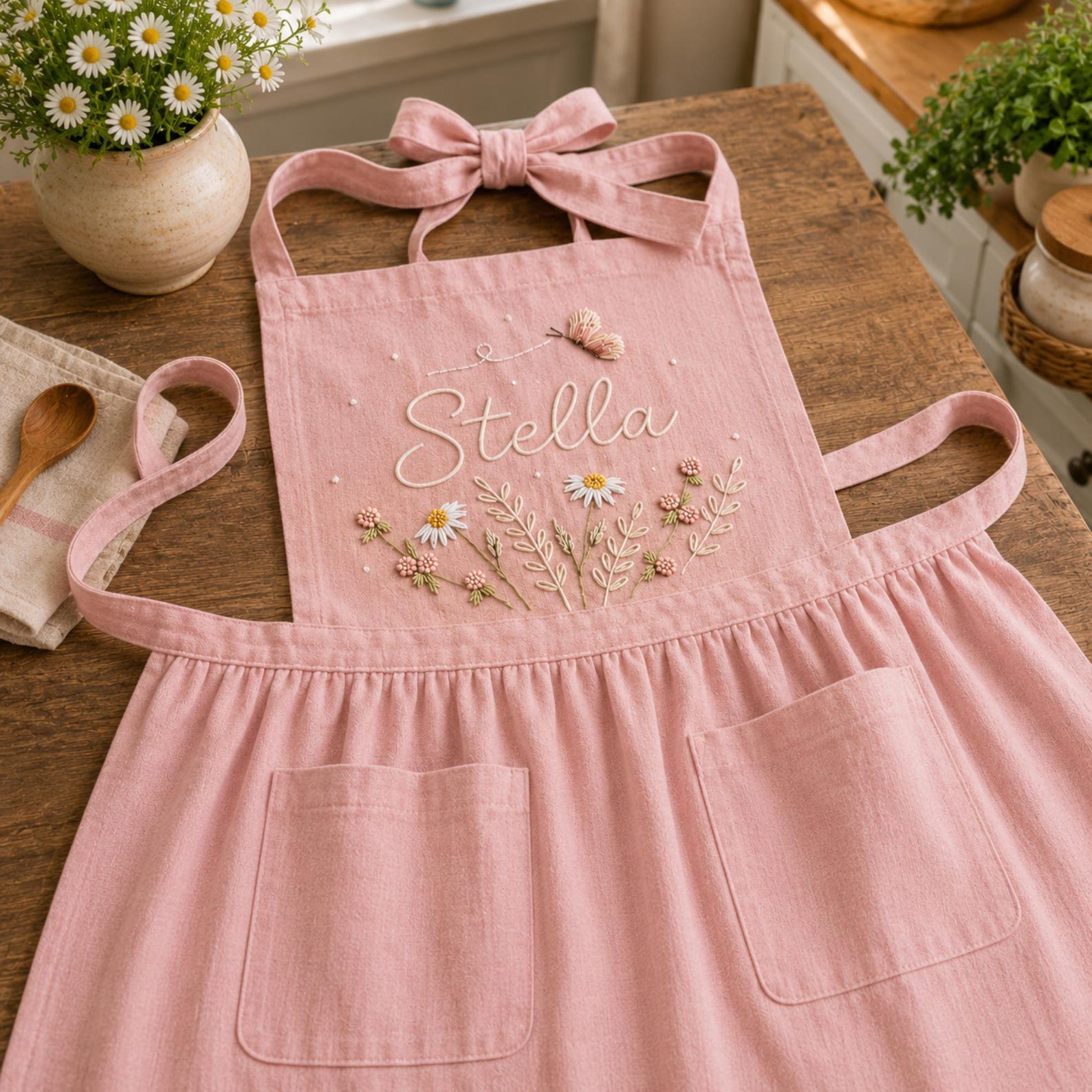 Personalized hand embroidered linen apron featuring wildflowers, daisies, botanical foliage, butterfly embroidery, and custom name embroidery on green linen fabric.
