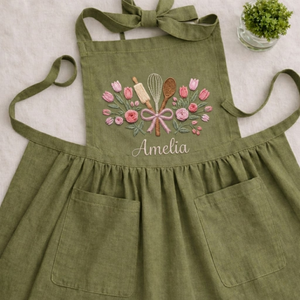 Personalized hand embroidered linen baker apron featuring floral baking utensils embroidery and custom name personalization on a natural beige apron.