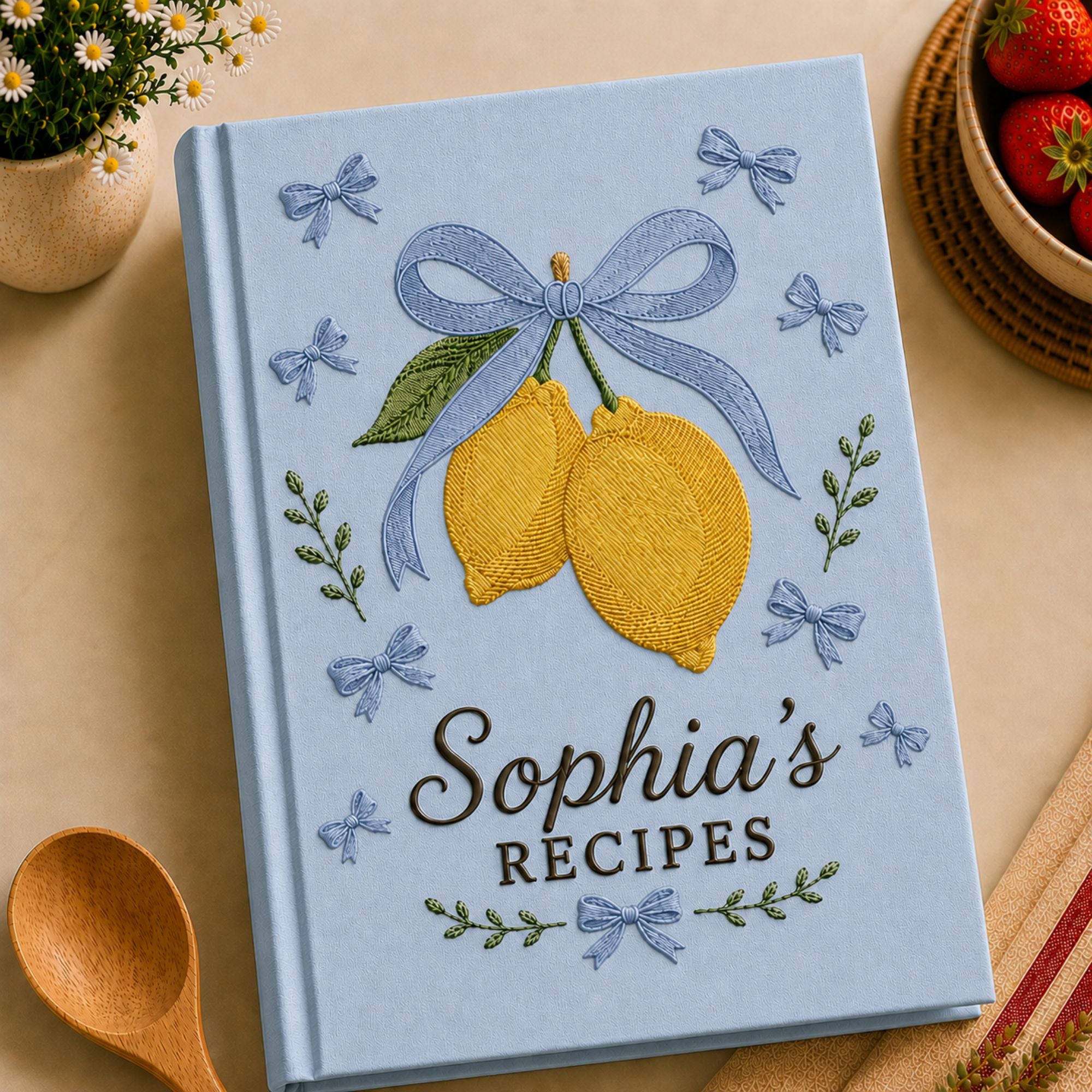 Personalized lemon hand embroidered recipe book with blue bow and custom family recipe title