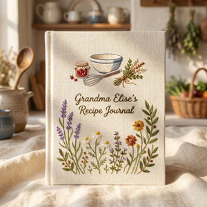 Personalized family kitchen hand embroidered recipe book featuring rolling pin whisk herbs wildflowers and farmhouse kitchen embroidery