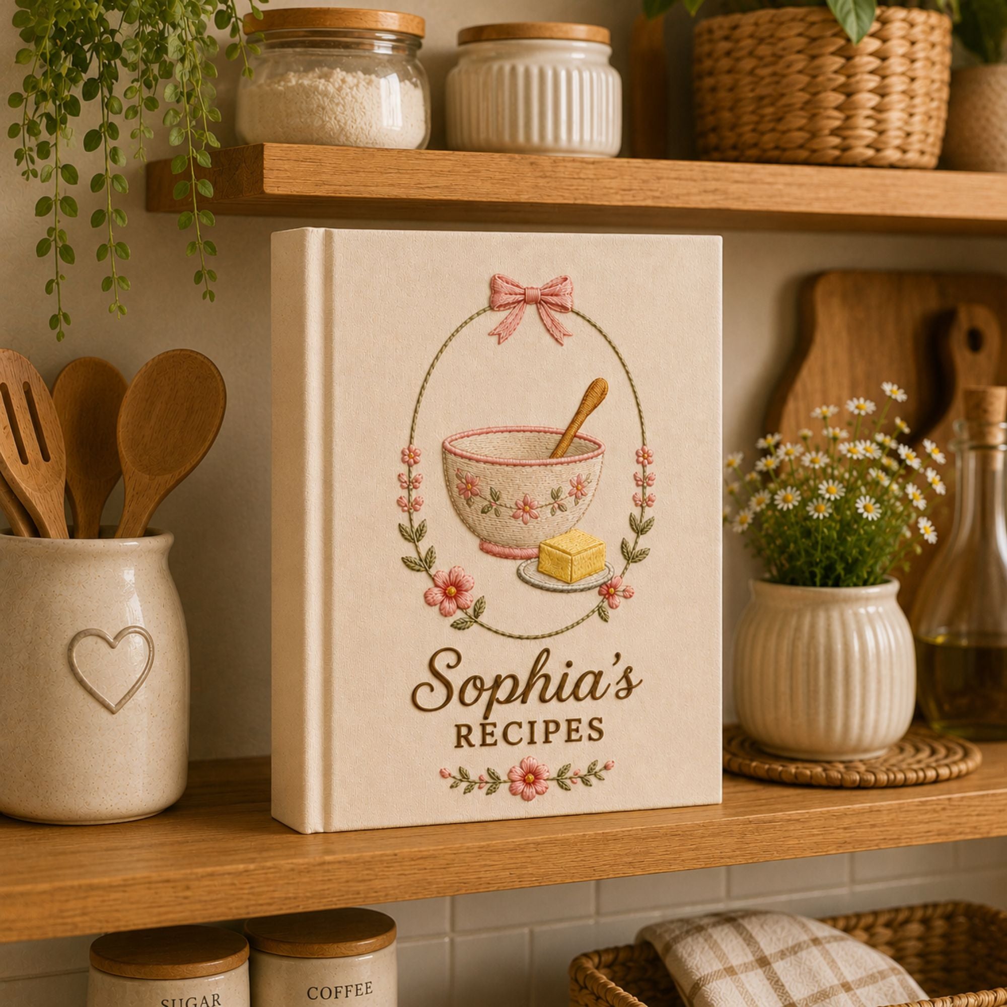 Personalized hand embroidered recipe book featuring a floral mixing bowl, wooden spoon, butter dish and pink flower wreath on a linen cover.