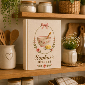 Personalized hand embroidered recipe book featuring a floral mixing bowl, wooden spoon, butter dish and pink flower wreath on a linen cover.