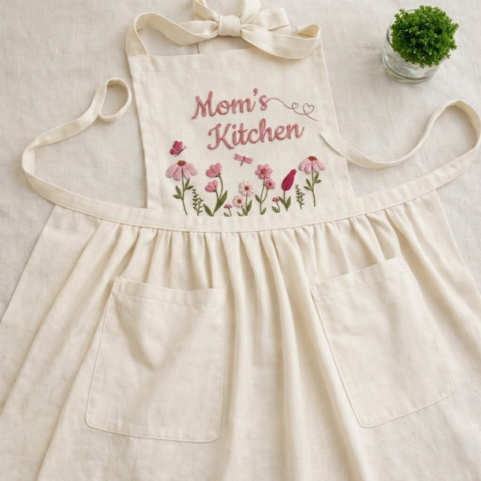 Personalized hand embroidered apron featuring floral wreath embroidery with custom name surrounded by pink roses and botanical accents.