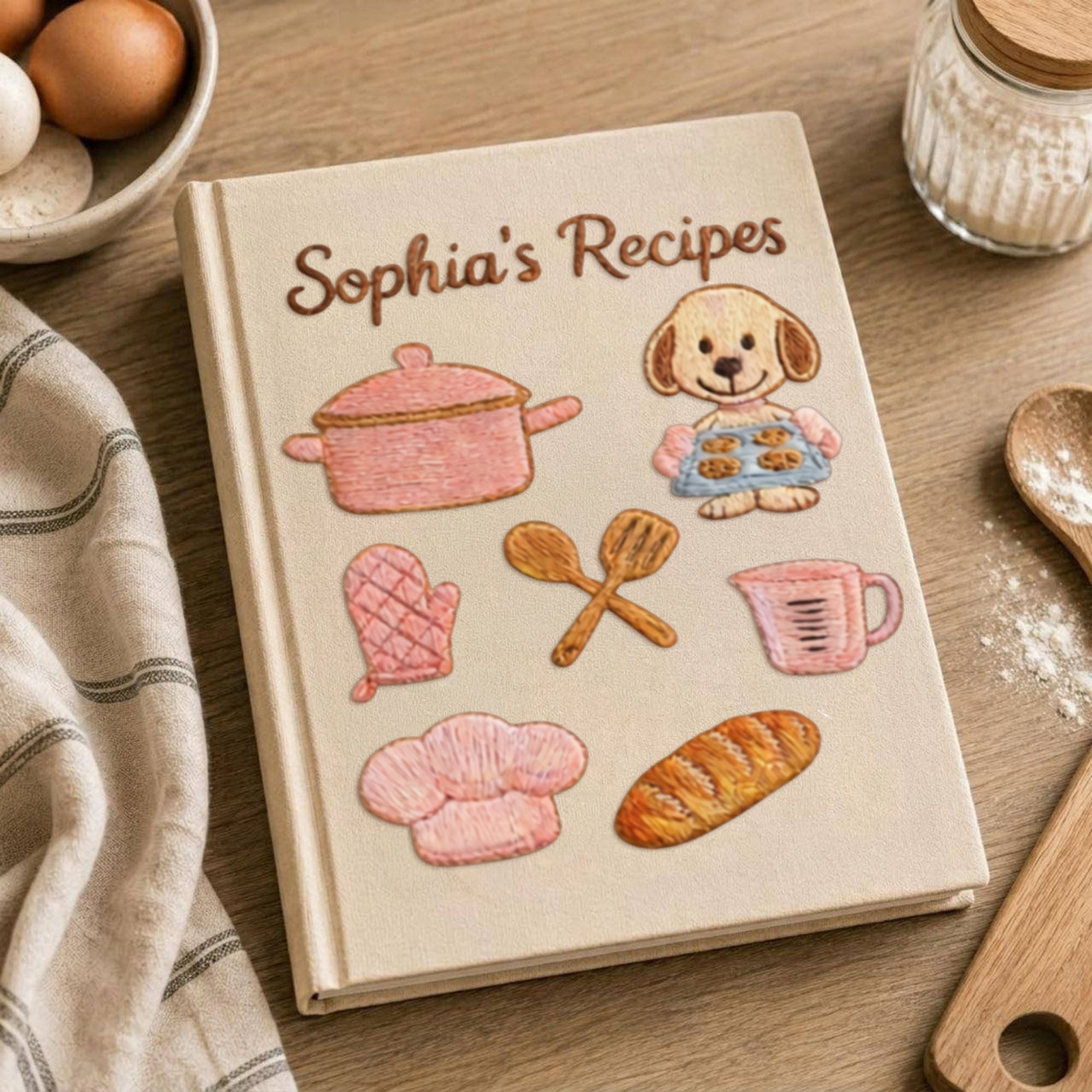 Personalized embroidered puppy baking recipe journal handmade linen cookbook 4