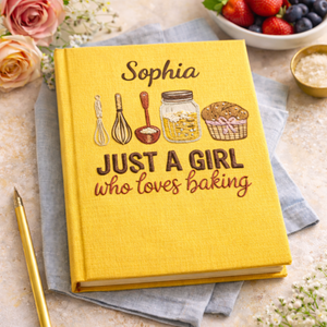 Personalized hand embroidered recipe book featuring baking tools, pantry ingredients, whisk illustrations, and rustic farmhouse baking-themed embroidery on a linen cover.