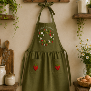 Personalized hand embroidered strawberry wreath linen apron featuring cottage garden strawberries and floral wreath embroidery, farmhouse kitchen apron for baking cooking and gardening.