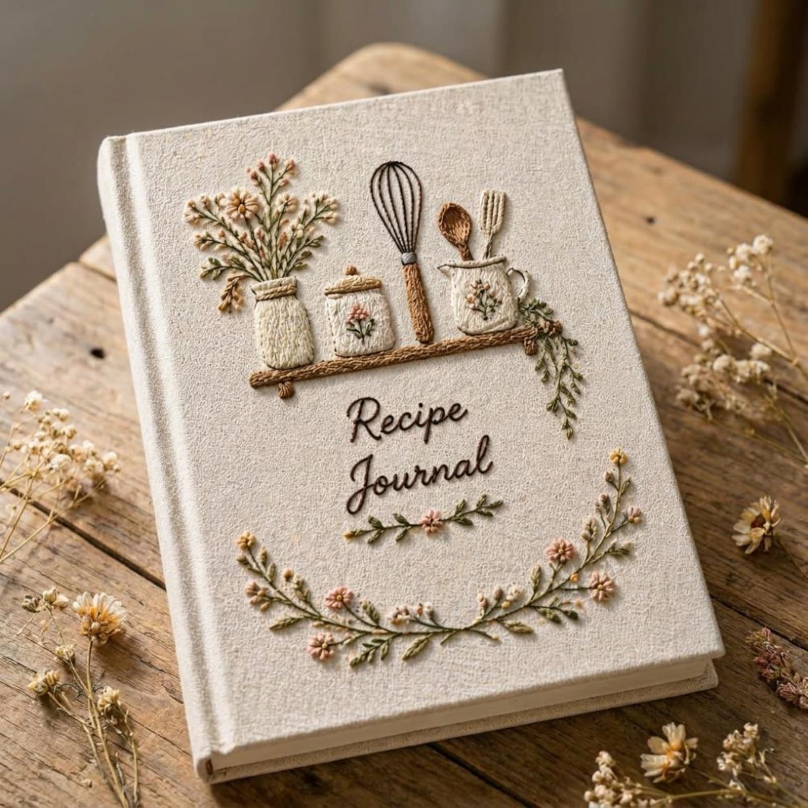 Hand embroidered recipe journal featuring floral kitchen shelf with vintage jars whisk baking utensils and botanical wreath on linen cover