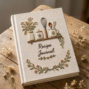 Hand embroidered recipe journal featuring floral kitchen shelf with vintage jars whisk baking utensils and botanical wreath on linen cover