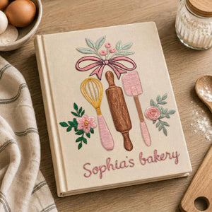 Personalized embroidered bakery recipe book handmade linen floral cookbook 2