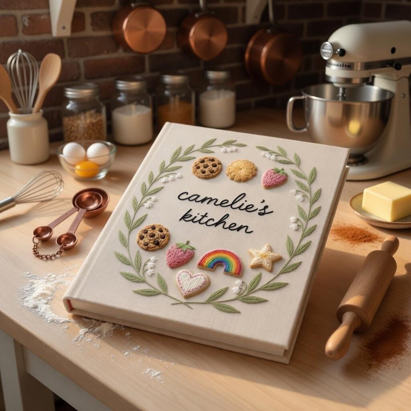 Hand embroidered recipe book featuring cookies, strawberries, rainbow cookie, heart cookie and floral wreath on linen cover.