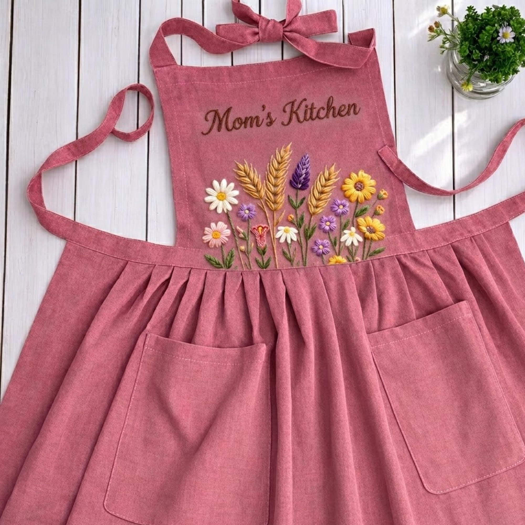 Personalized hand embroidered wildflower linen apron with custom name embroidery, colorful meadow flowers, cottagecore floral design, cooking and gardening apron.