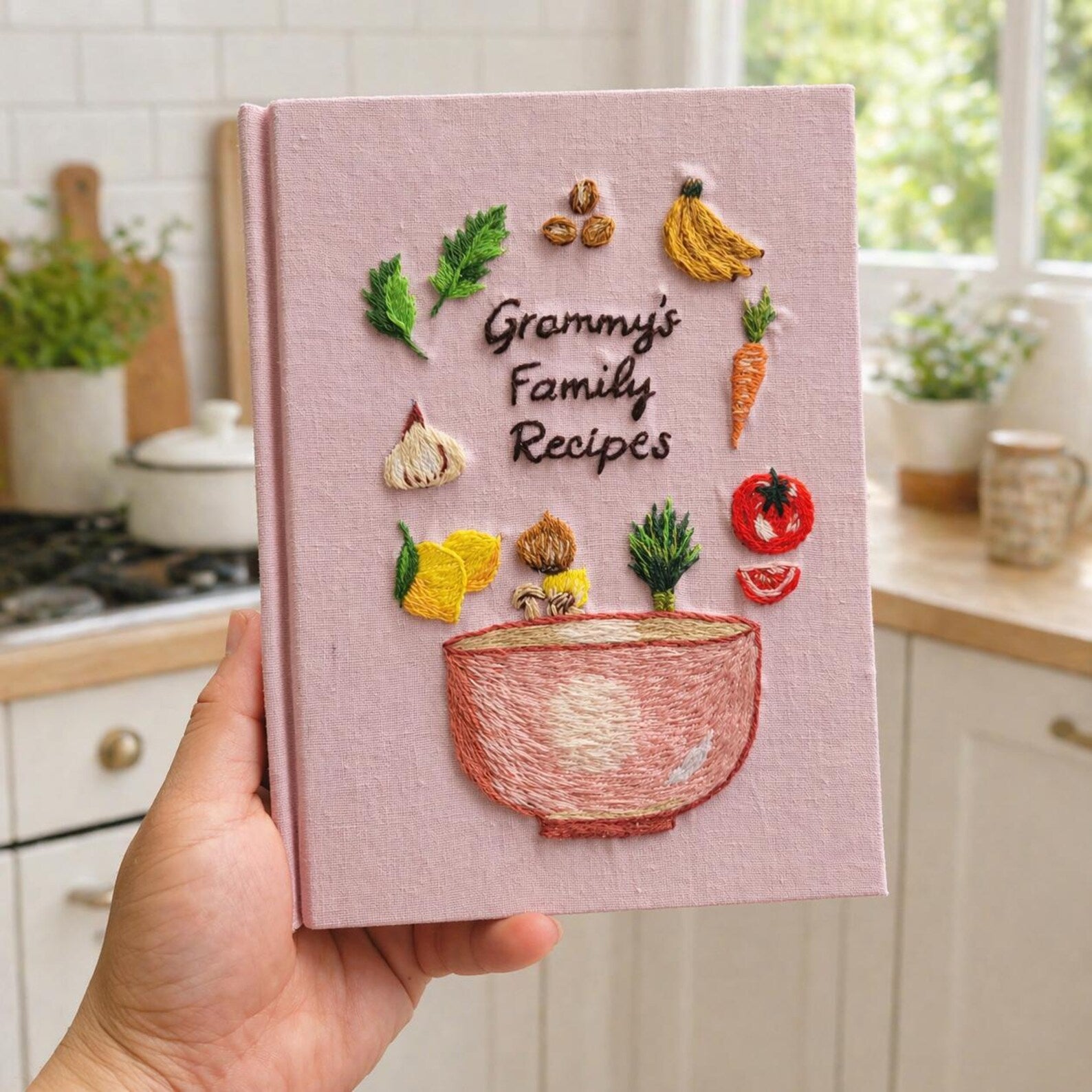 Personalized hand embroidered recipe book featuring fresh vegetables herbs garlic mushrooms lemons tomatoes and a rustic mixing bowl design on a linen cover.
