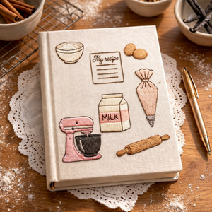 Personalized hand embroidered recipe book featuring pink baking tools, stand mixer, oven mitts, recipe cards, measuring cups, chef hat, whisk, and bakery-inspired embroidery on linen cover.