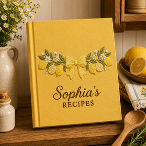 Personalized lemon blossom hand embroidered recipe book featuring lemons, lemon slices, white flowers, greenery, and decorative bow embroidery on linen cover