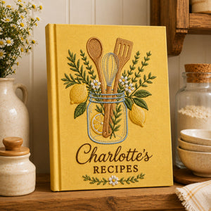 Personalized lemon herb kitchen hand embroidered recipe book featuring mason jar, whisk, wooden spoon, spatula, lemons, rosemary, and botanical embroidery
