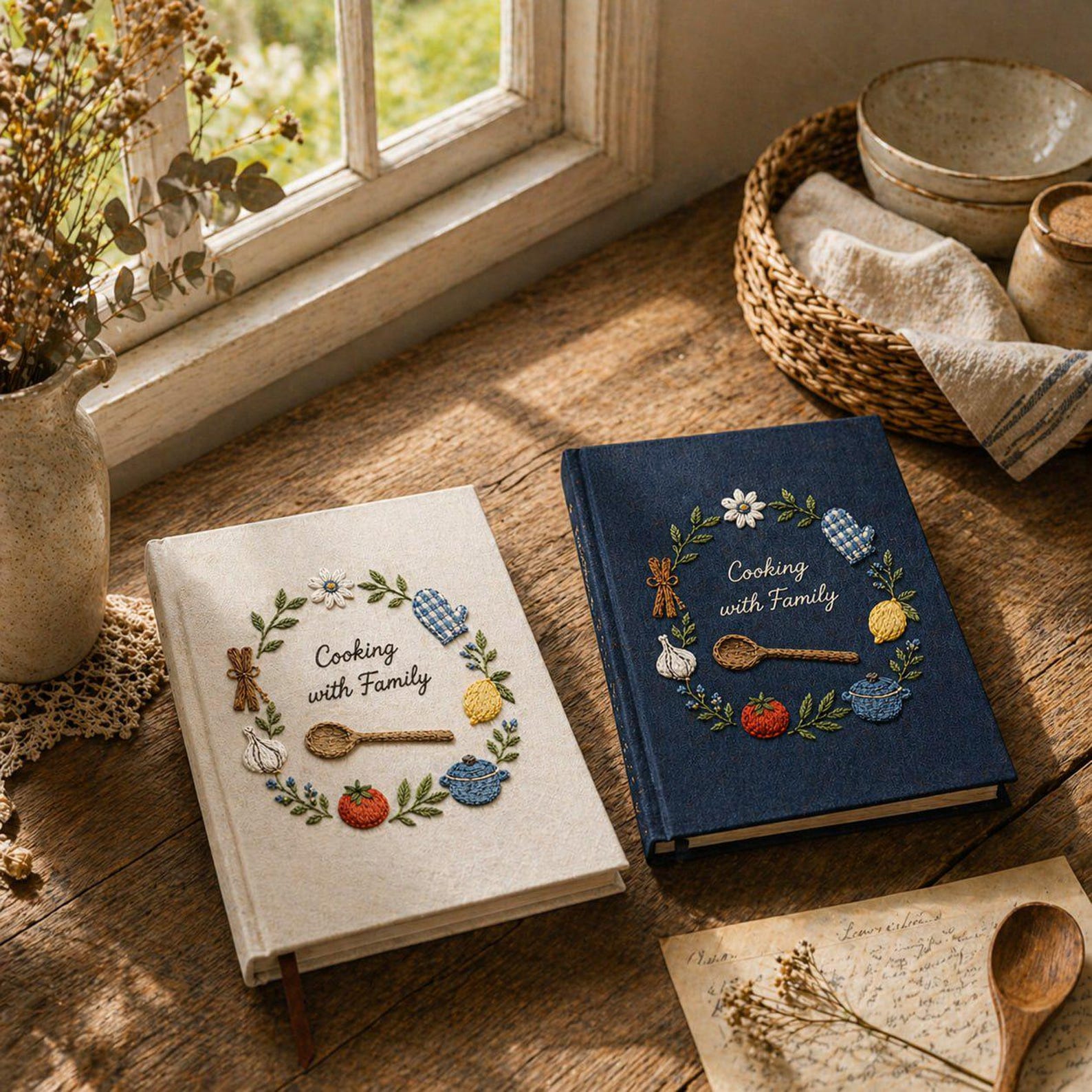Personalized hand embroidered recipe book featuring cooking spoon, garlic, lemon, tomato, oven mitt, cooking pot, herbs and family kitchen themed embroidery on blue linen cover.