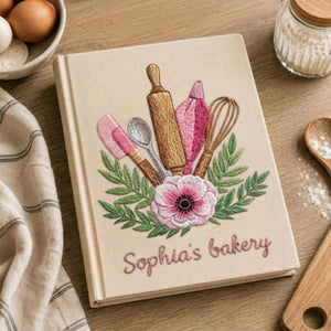 Personalized embroidered bakery recipe book handmade linen floral cookbook 2
