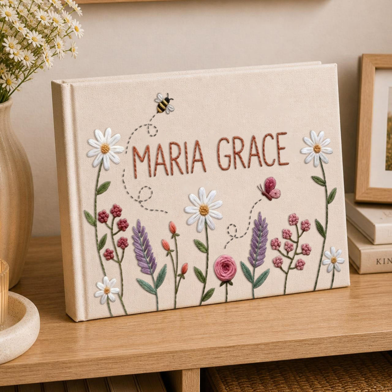 Personalized wildflower bee hand embroidered linen notebook with custom name floral garden journal gift