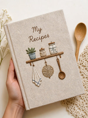 Hand embroidered recipe book featuring rustic pantry shelf with storage jars, botanical greenery, woven kitchen accents and cottage farmhouse decor.