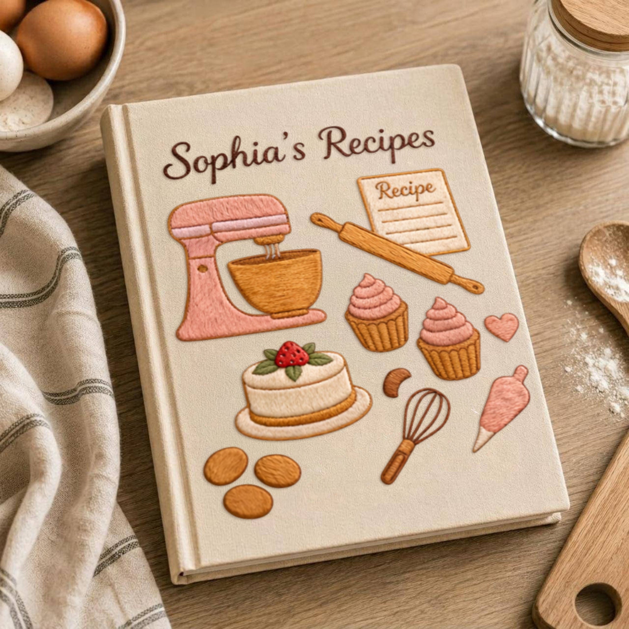 Personalized embroidered dessert recipe binder handmade linen baking journal 3