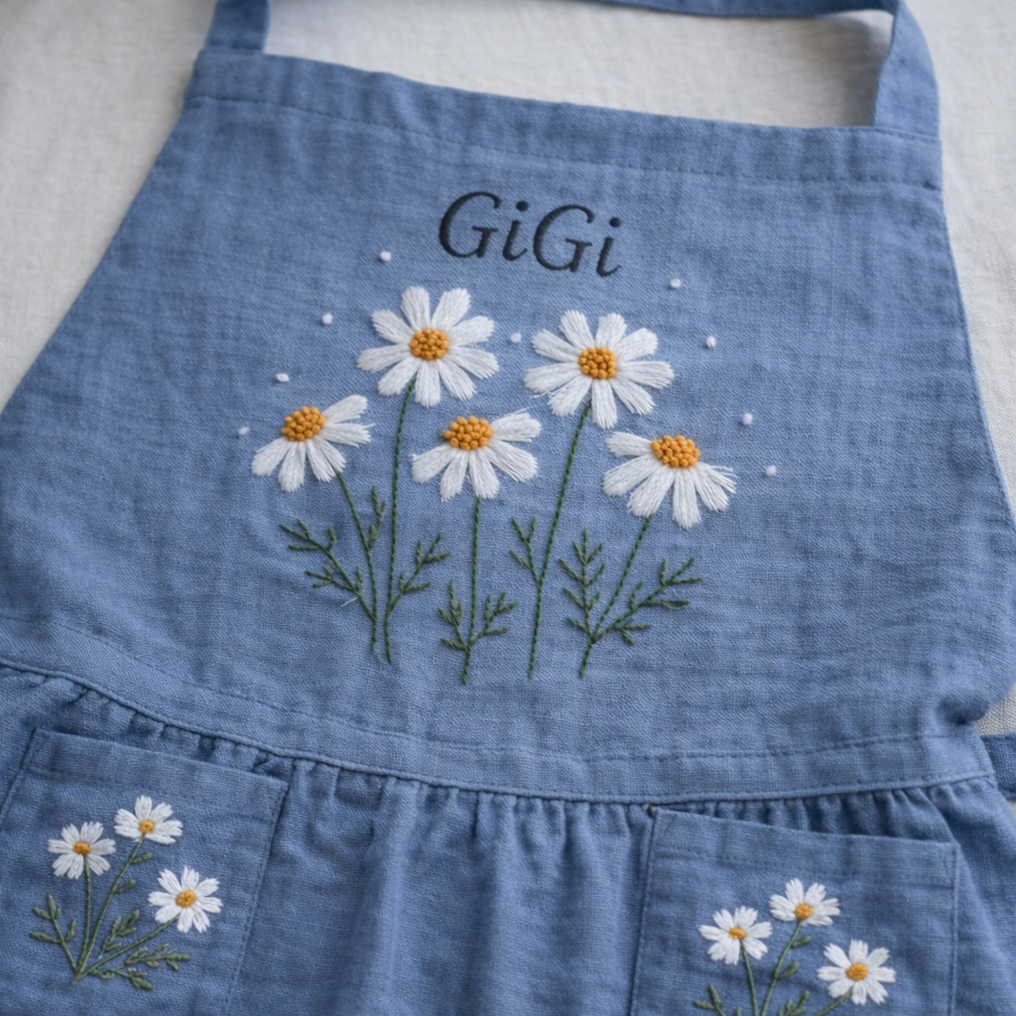 Personalized hand embroidered linen apron featuring white daisy flowers, botanical foliage, custom name embroidery, and floral pocket details.