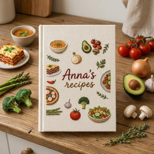 Hand embroidered recipe book featuring vegetables salads pizza lasagna soups herbs and family meal inspired food illustrations on linen cover