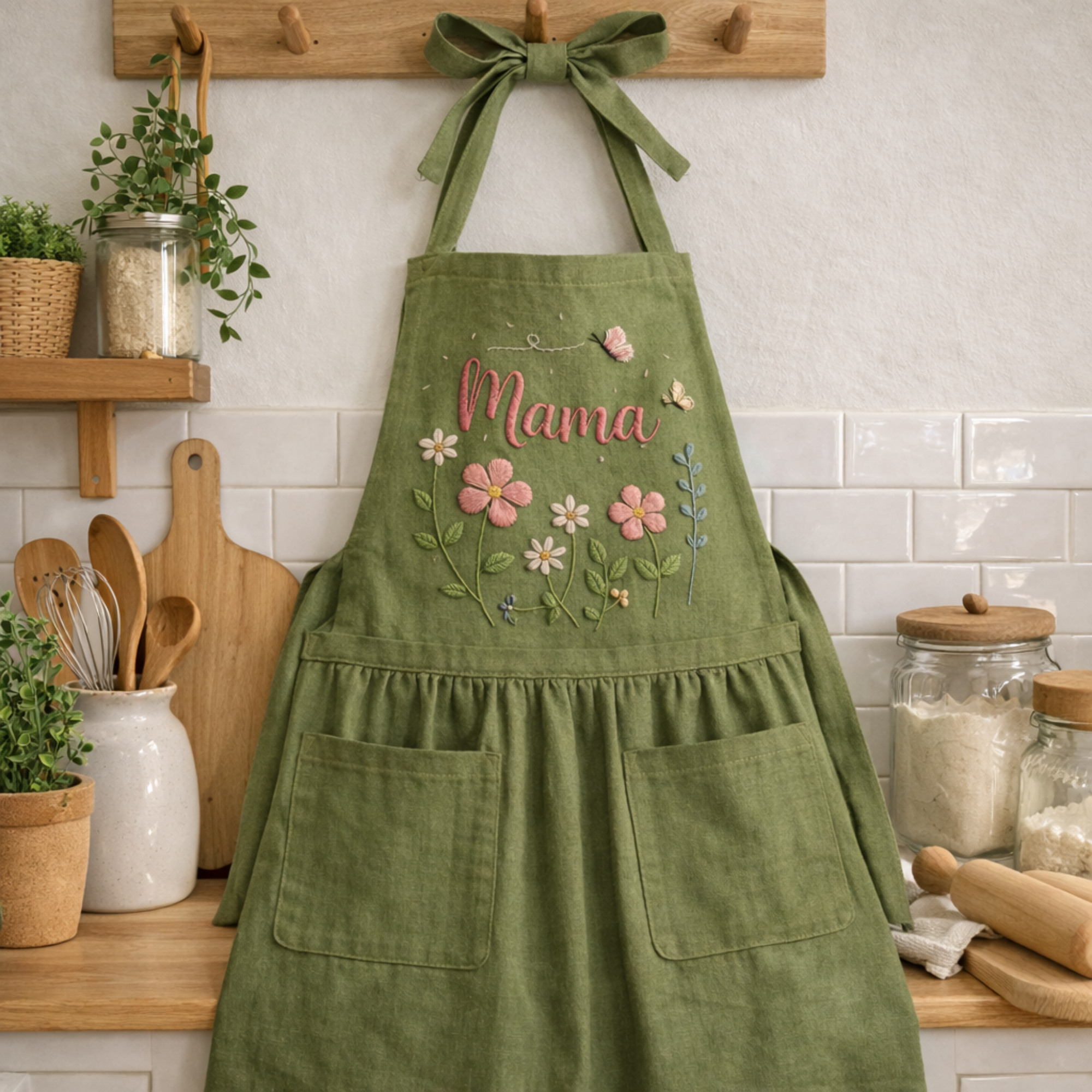 Personalized hand embroidered cottage garden apron featuring custom name, floral embroidery, butterflies, and botanical details on green linen fabric.