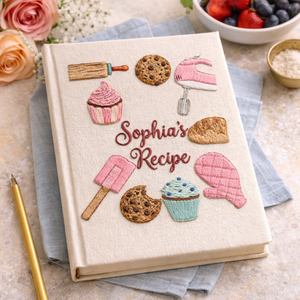 Hand embroidered recipe book featuring mixer milk sugar donut recipe card and baking tools