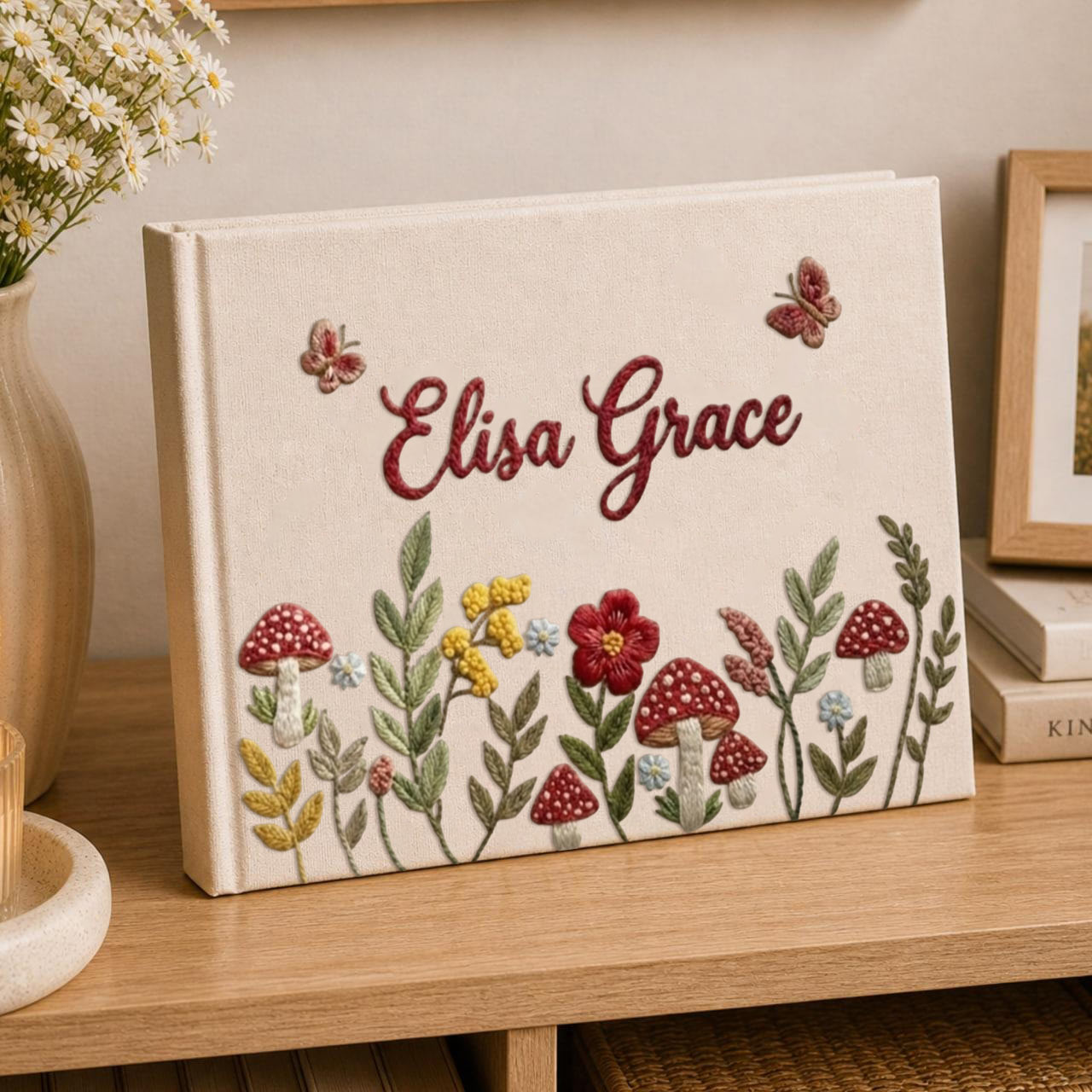 Personalized woodland mushroom hand embroidered linen notebook with butterflies wildflowers and custom name
