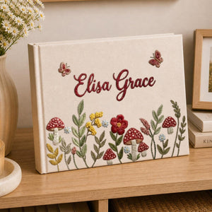 Personalized woodland mushroom hand embroidered linen notebook with butterflies wildflowers and custom name