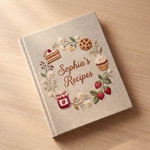 Personalized sweet bakery hand embroidered recipe book featuring cupcakes cakes cookies donuts strawberry jam cherries and floral embroidery