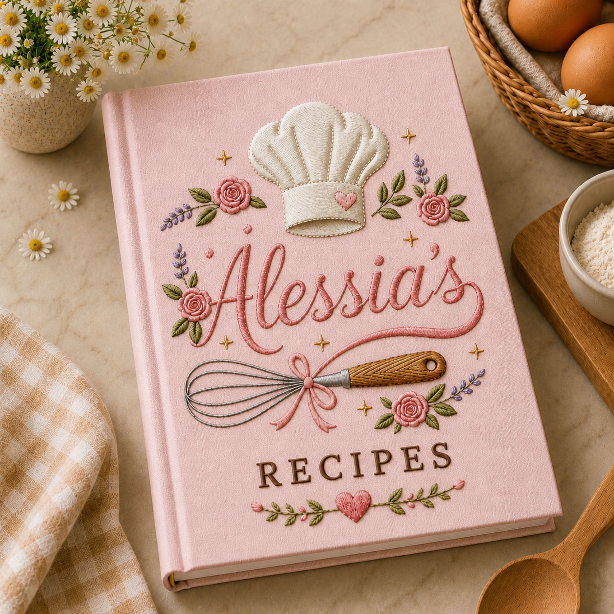 Personalized hand embroidered recipe book featuring a chef hat, whisk with ribbon, pink roses, lavender flowers and custom name embroidery on a linen cover.
