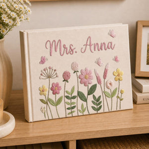 Personalized wildflower garden hand embroidered linen notebook with butterflies and custom name
