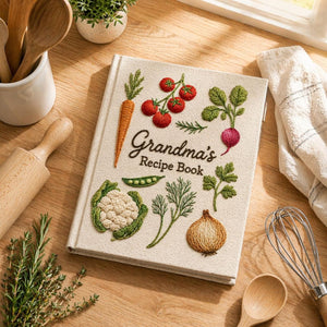 Personalized hand embroidered recipe book featuring carrots, tomatoes, radish, peas, cauliflower, onion, fresh herbs and garden harvest vegetables on natural linen cover.