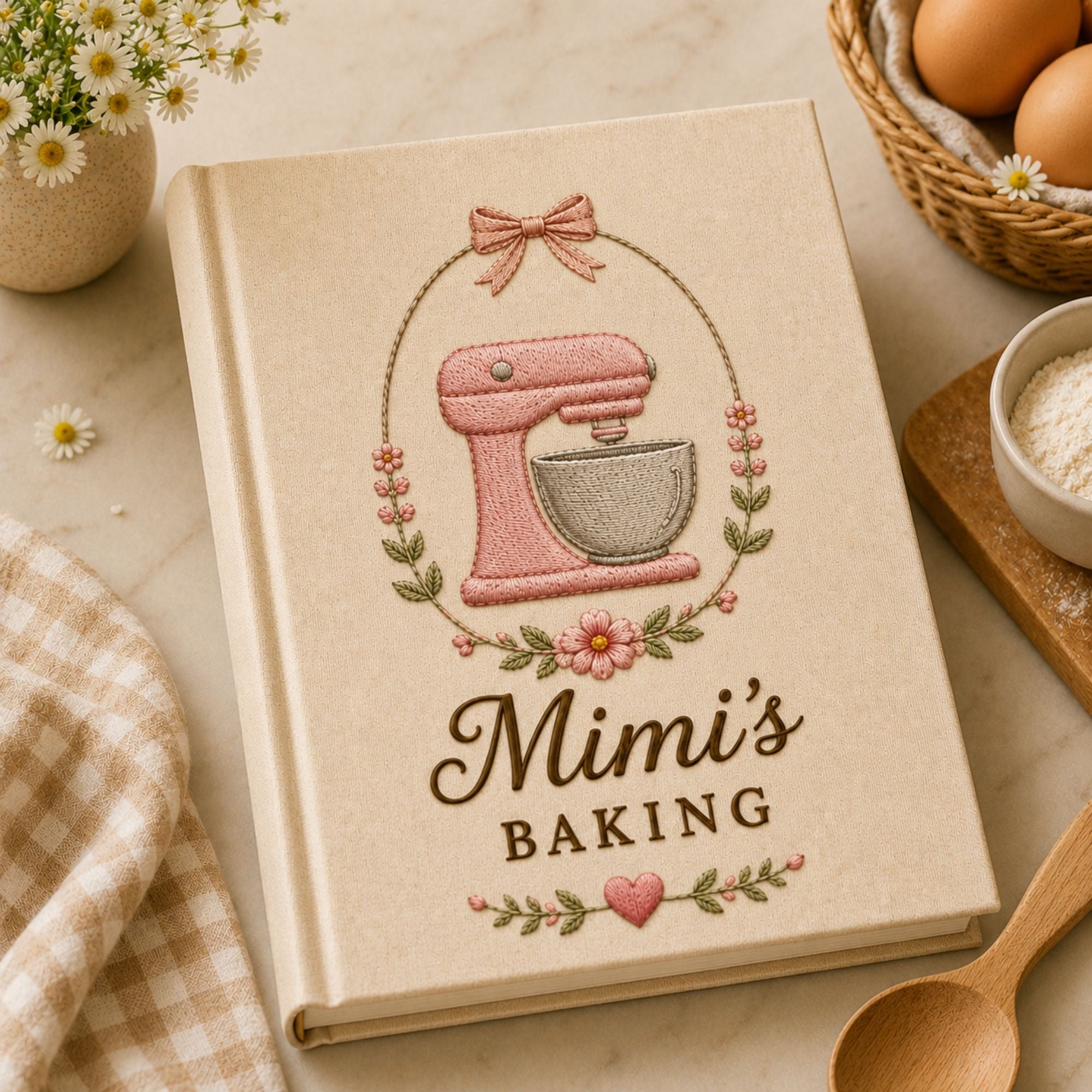 Personalized hand embroidered recipe book featuring a vintage utensil holder with rolling pin, whisk and wooden spoon surrounded by pink flowers and ribbon details on a linen cover.