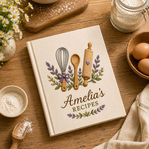 Personalized hand embroidered recipe book featuring lavender baking utensils embroidery with whisk spoon and rolling pin on linen cover