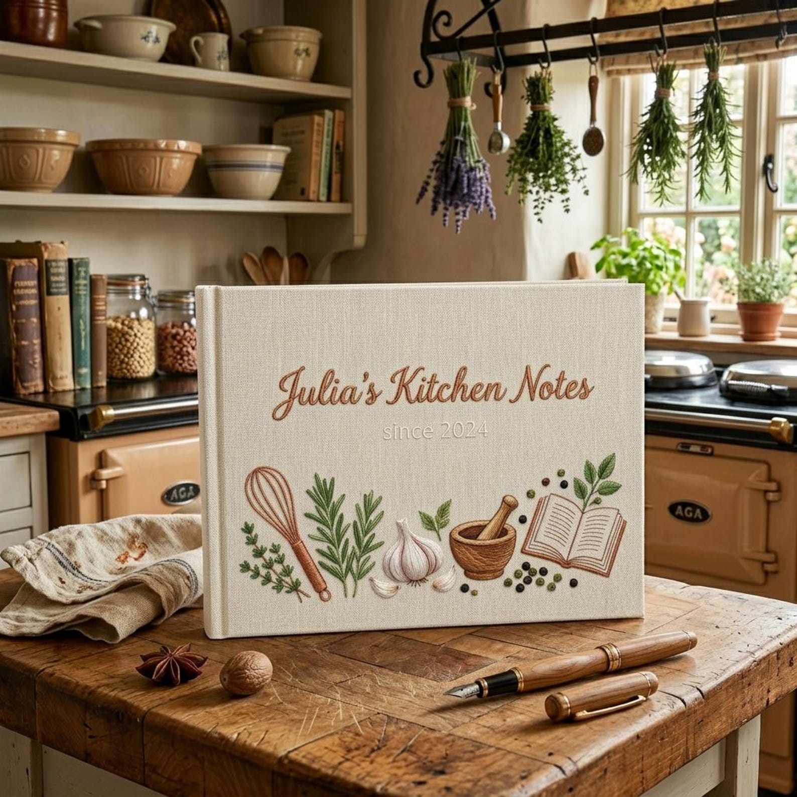 Personalized hand embroidered kitchen notes recipe journal featuring rosemary, herbs, garlic, whisk, mortar and pestle, peppercorns, and open recipe book on linen cover