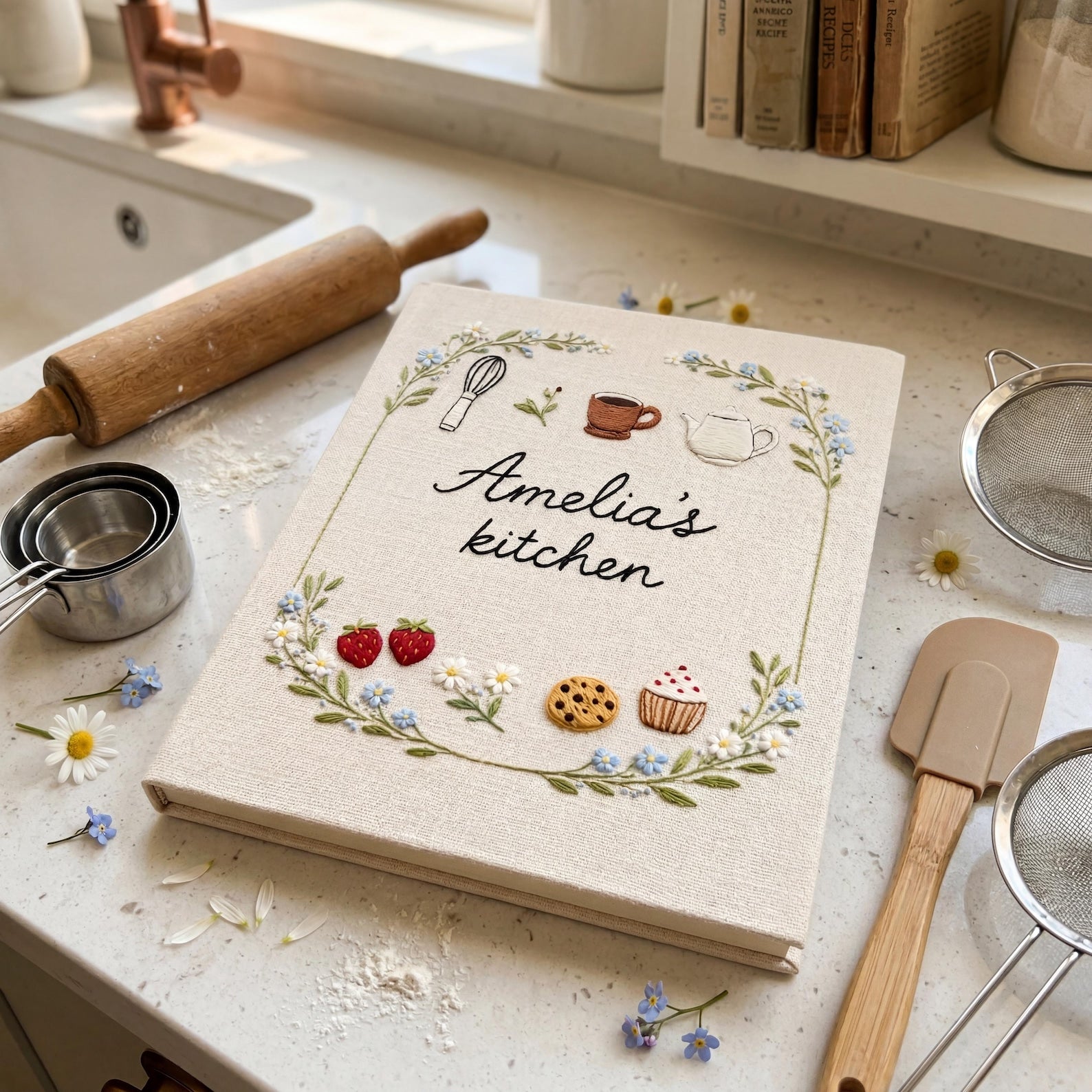 Hand embroidered recipe book featuring strawberries cookies cupcake teapot teacup whisk and floral wreath with personalized kitchen text.