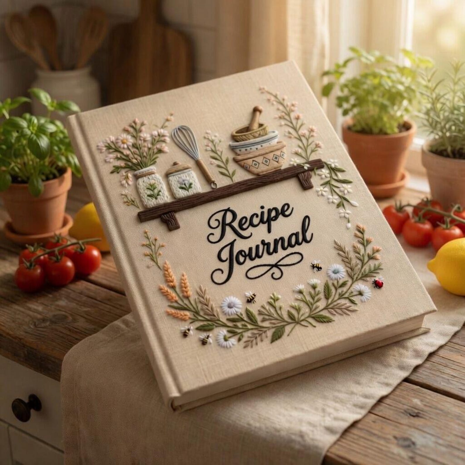 Hand embroidered recipe journal featuring cottage kitchen shelf with herb jars whisk mortar and pestle surrounded by floral garden accents