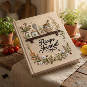Hand embroidered recipe journal featuring cottage kitchen shelf with herb jars whisk mortar and pestle surrounded by floral garden accents