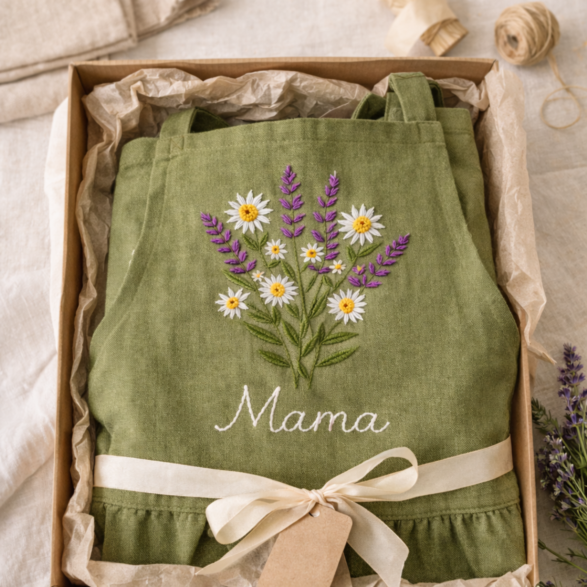 Personalized hand embroidered green linen apron featuring colorful wildflowers, butterfly embroidery, botanical meadow design, and custom kitchen text.