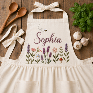 Personalized hand embroidered wildflower linen apron featuring Mom's Kitchen text, rustic floral meadow embroidery, custom kitchen apron for cooking baking gardening and gifts.