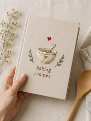 Hand embroidered recipe book featuring mixing bowl whisk heart and botanical accents on linen hardcover cover