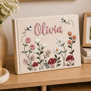 Personalized woodland mushroom garden hand embroidered linen notebook with wildflowers bees and custom name