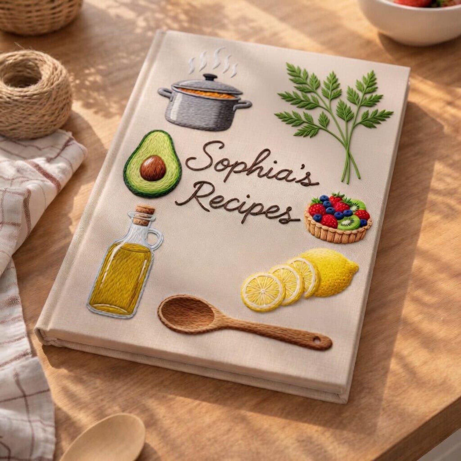 Personalized hand embroidered recipe book featuring cottage kitchen motifs, strawberries, teapot, herbs, lemons, avocado, olive oil and fresh cooking ingredients on linen cover.