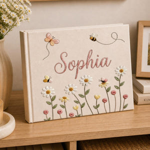 Personalized daisy bee butterfly hand embroidered linen notebook with floral meadow and custom name